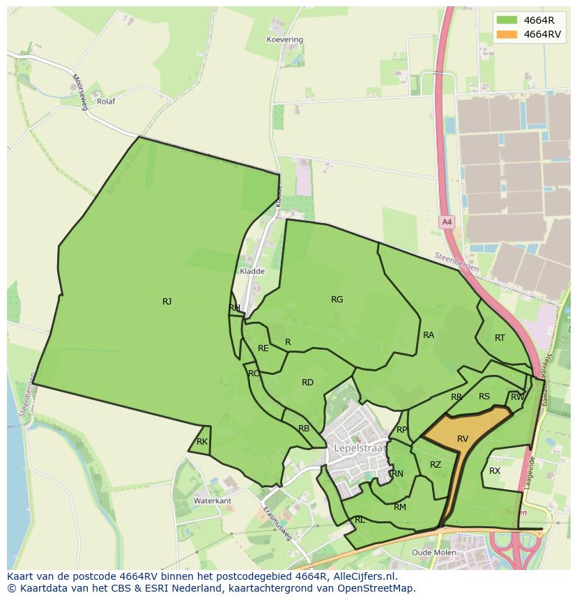 Afbeelding van het postcodegebied 4664 RV op de kaart.