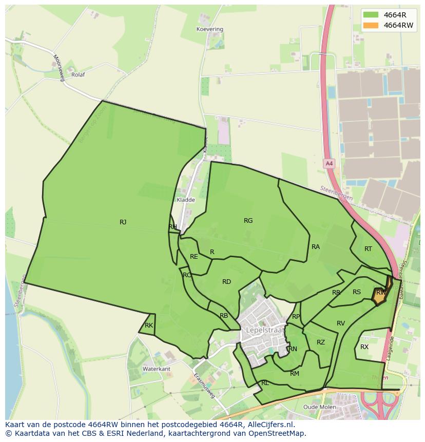 Afbeelding van het postcodegebied 4664 RW op de kaart.