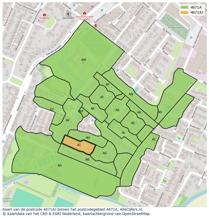 Afbeelding van het postcodegebied 4671 AJ op de kaart.
