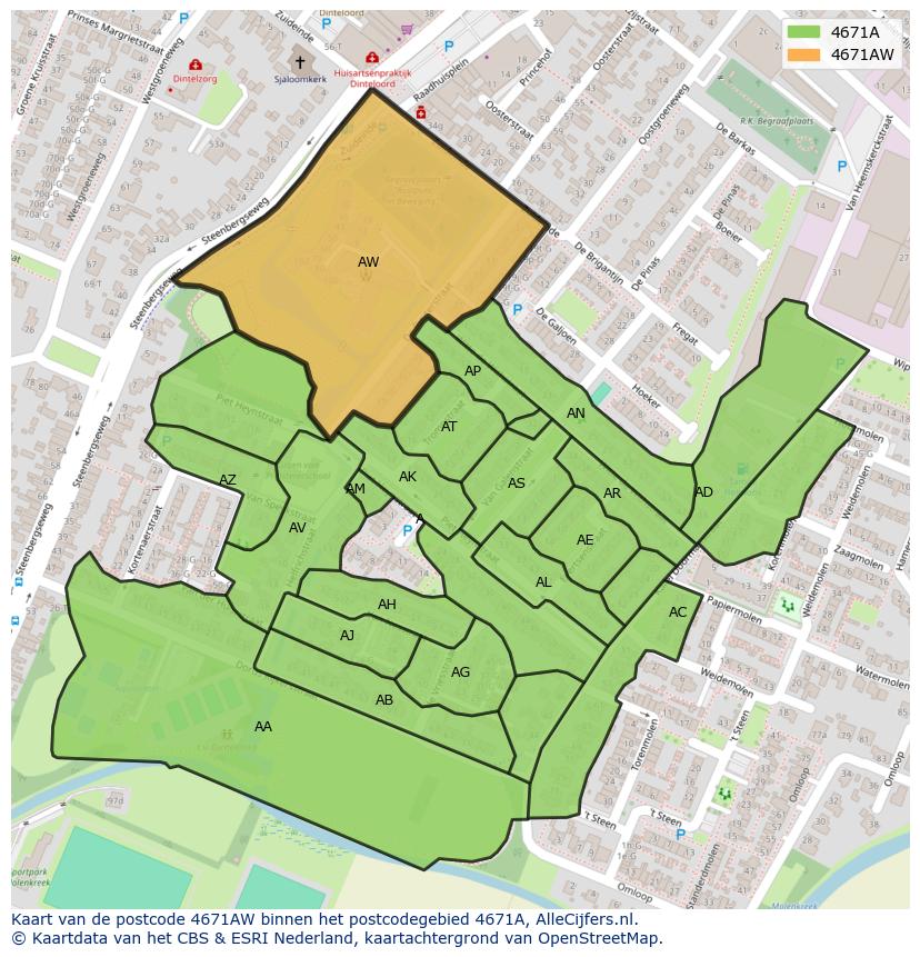 Afbeelding van het postcodegebied 4671 AW op de kaart.