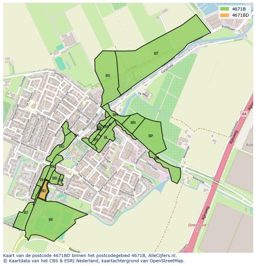 Afbeelding van het postcodegebied 4671 BD op de kaart.