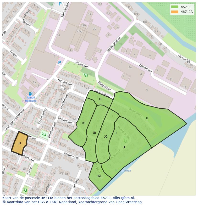 Afbeelding van het postcodegebied 4671 JA op de kaart.