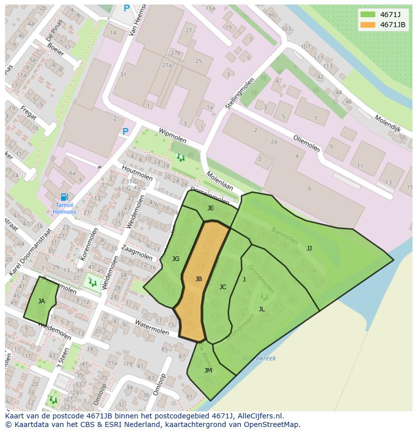 Afbeelding van het postcodegebied 4671 JB op de kaart.