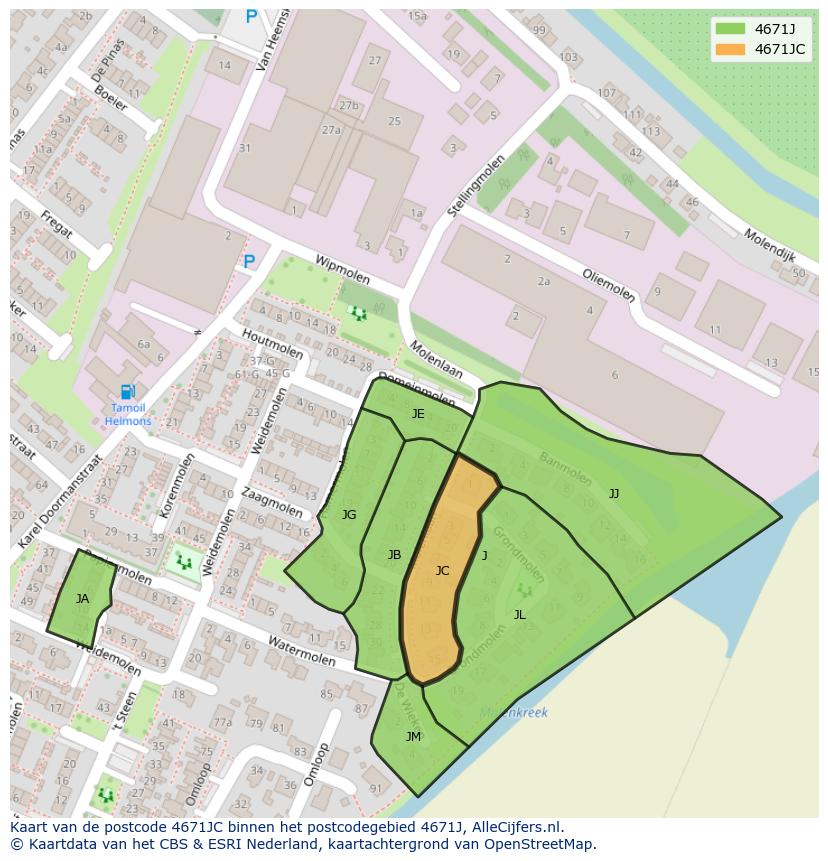 Afbeelding van het postcodegebied 4671 JC op de kaart.