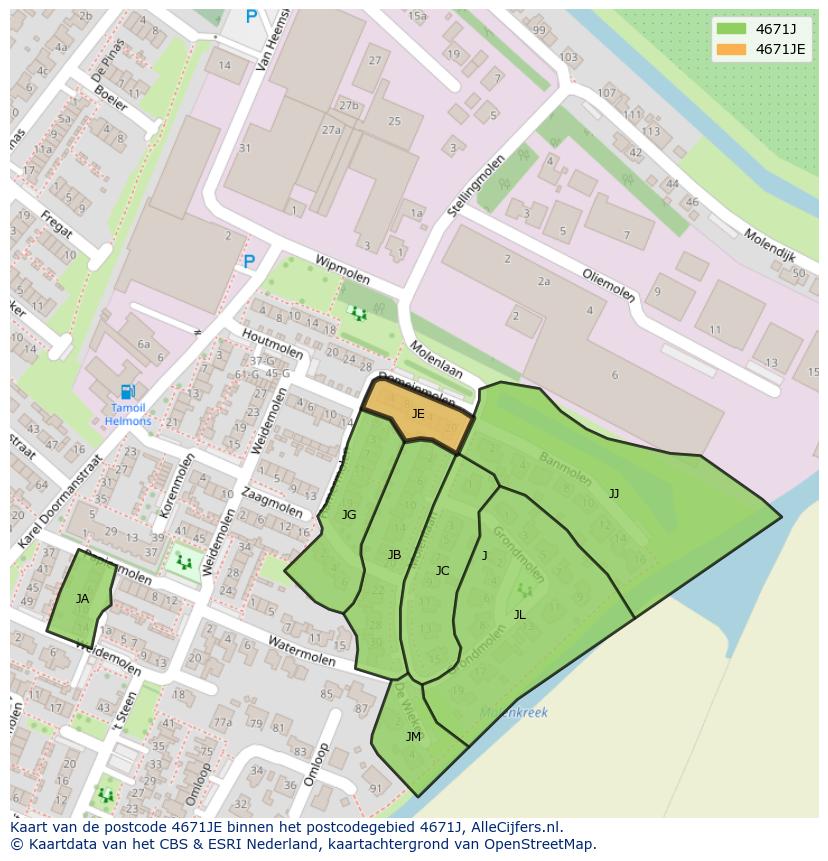 Afbeelding van het postcodegebied 4671 JE op de kaart.