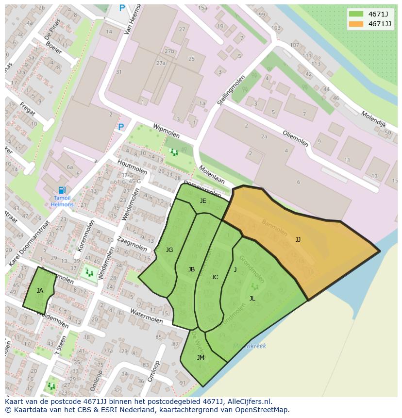 Afbeelding van het postcodegebied 4671 JJ op de kaart.