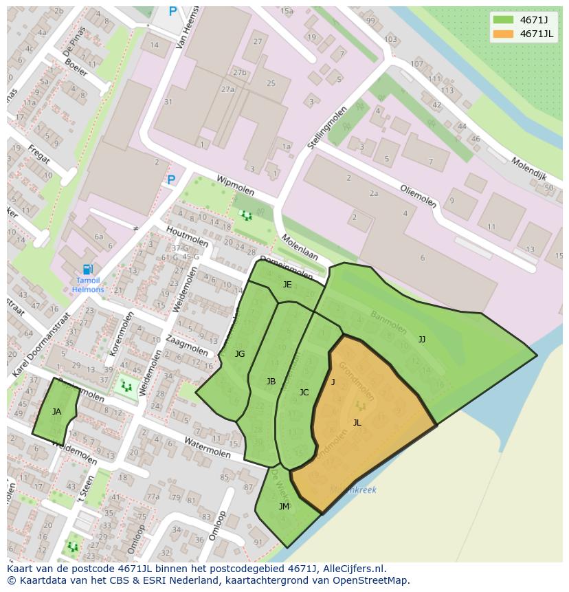 Afbeelding van het postcodegebied 4671 JL op de kaart.