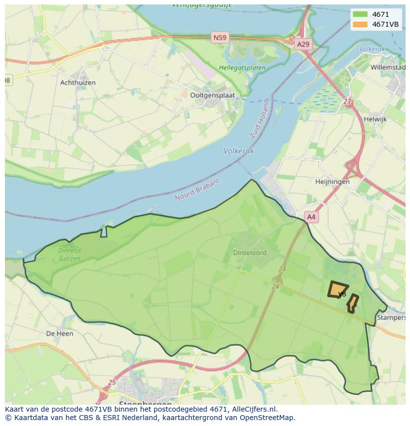 Afbeelding van het postcodegebied 4671 VB op de kaart.