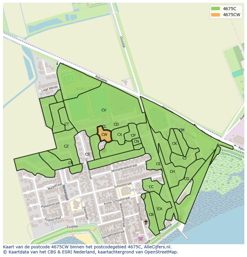 Afbeelding van het postcodegebied 4675 CW op de kaart.