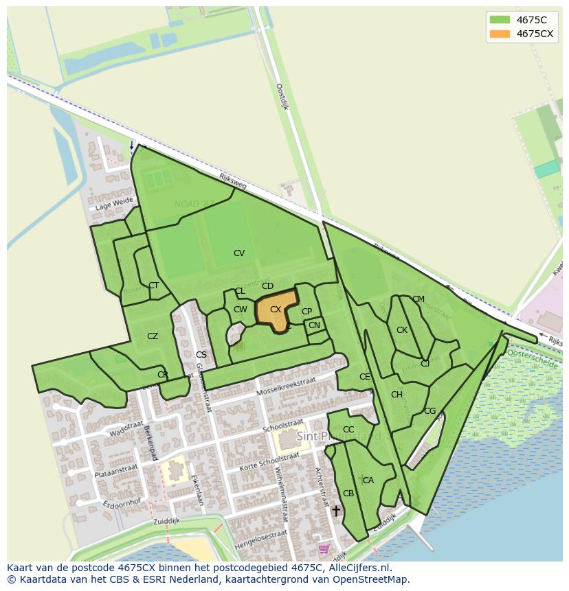 Afbeelding van het postcodegebied 4675 CX op de kaart.