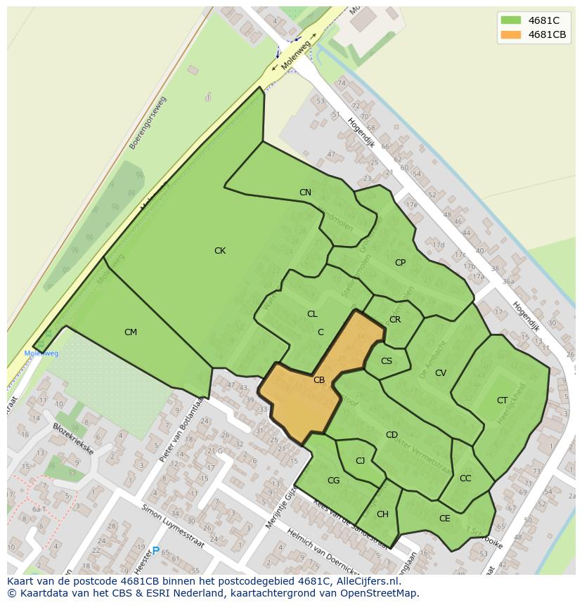 Afbeelding van het postcodegebied 4681 CB op de kaart.