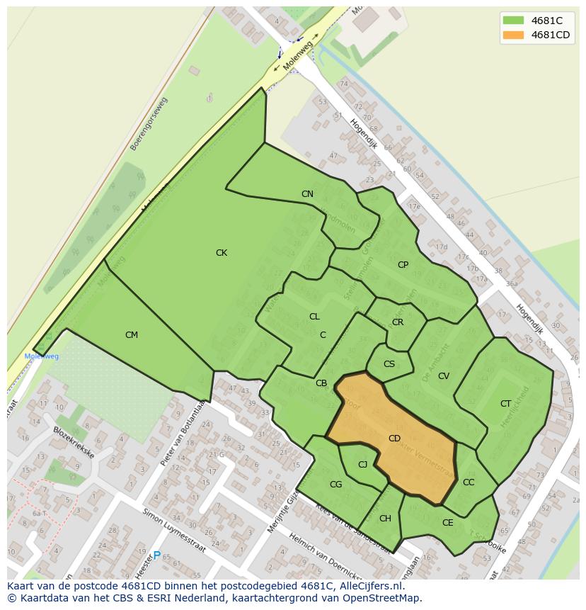 Afbeelding van het postcodegebied 4681 CD op de kaart.