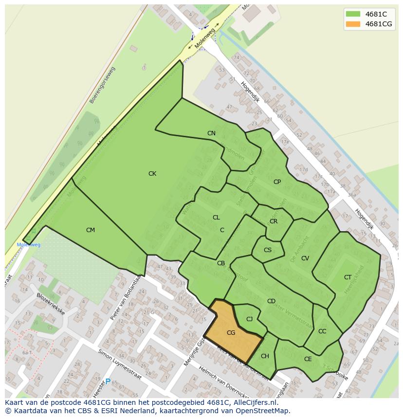 Afbeelding van het postcodegebied 4681 CG op de kaart.