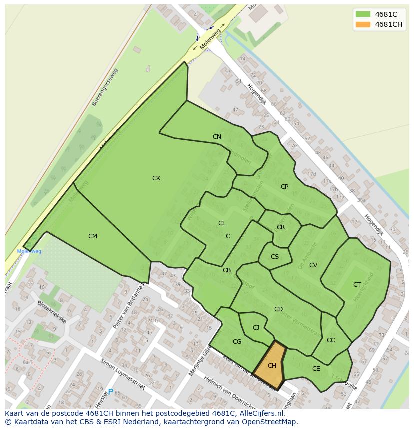 Afbeelding van het postcodegebied 4681 CH op de kaart.