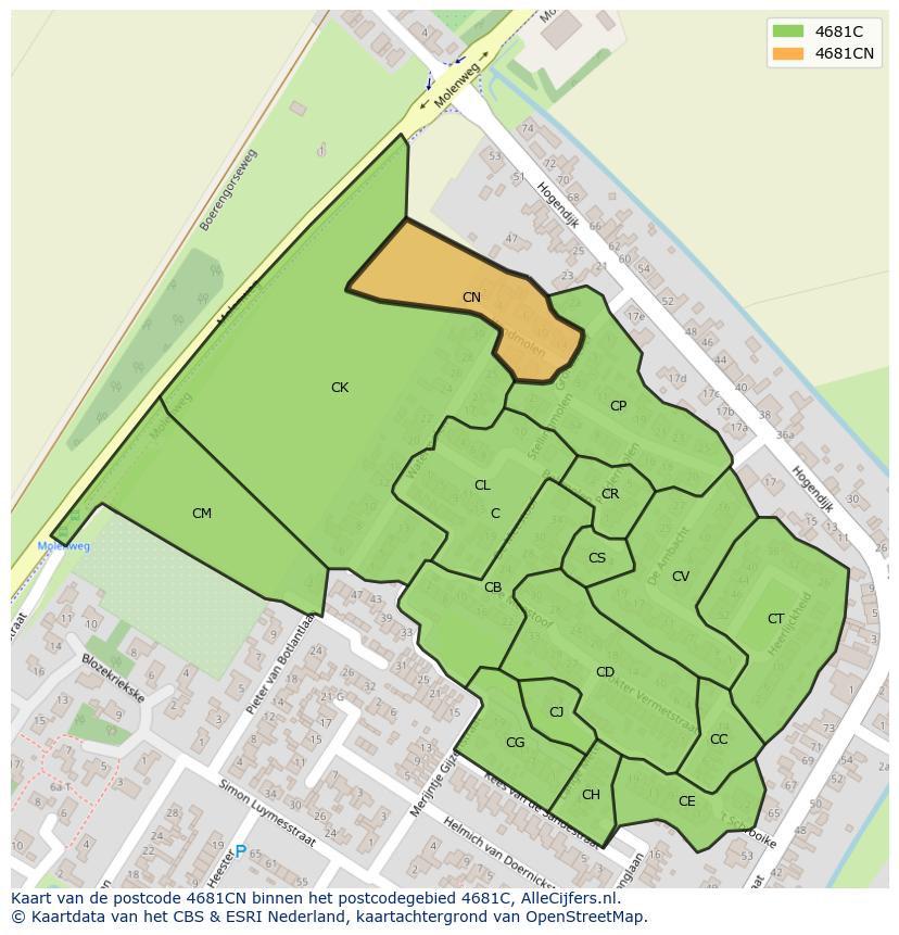 Afbeelding van het postcodegebied 4681 CN op de kaart.