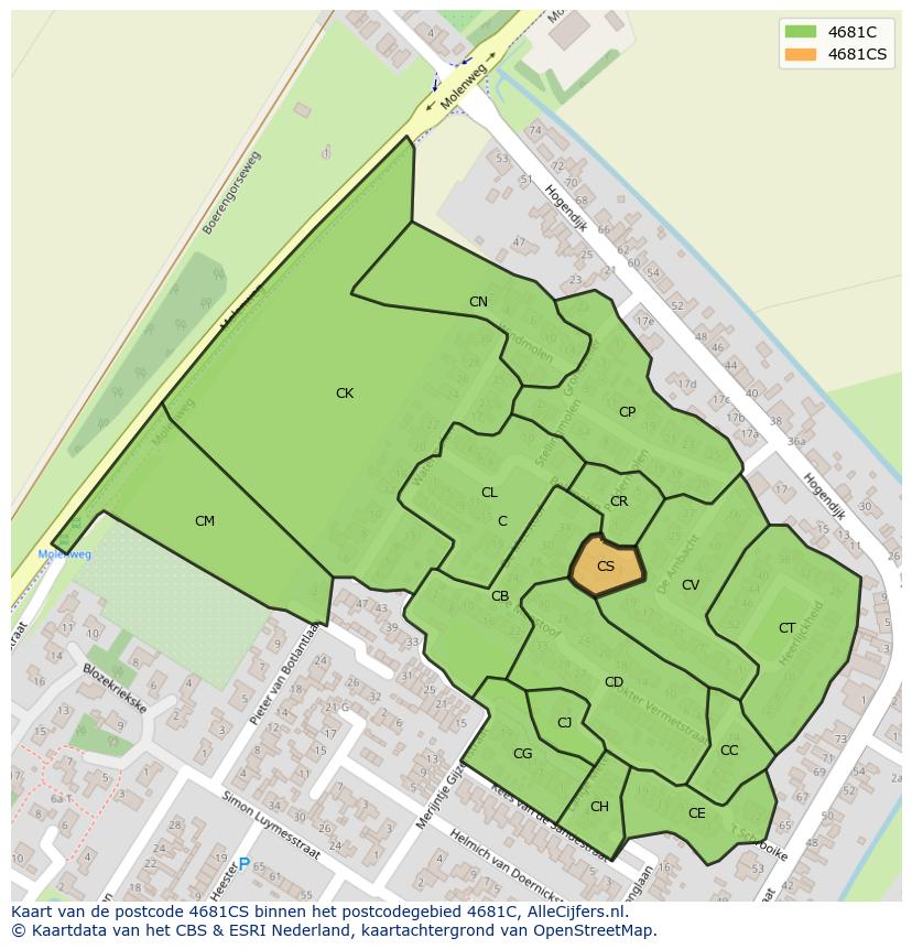 Afbeelding van het postcodegebied 4681 CS op de kaart.