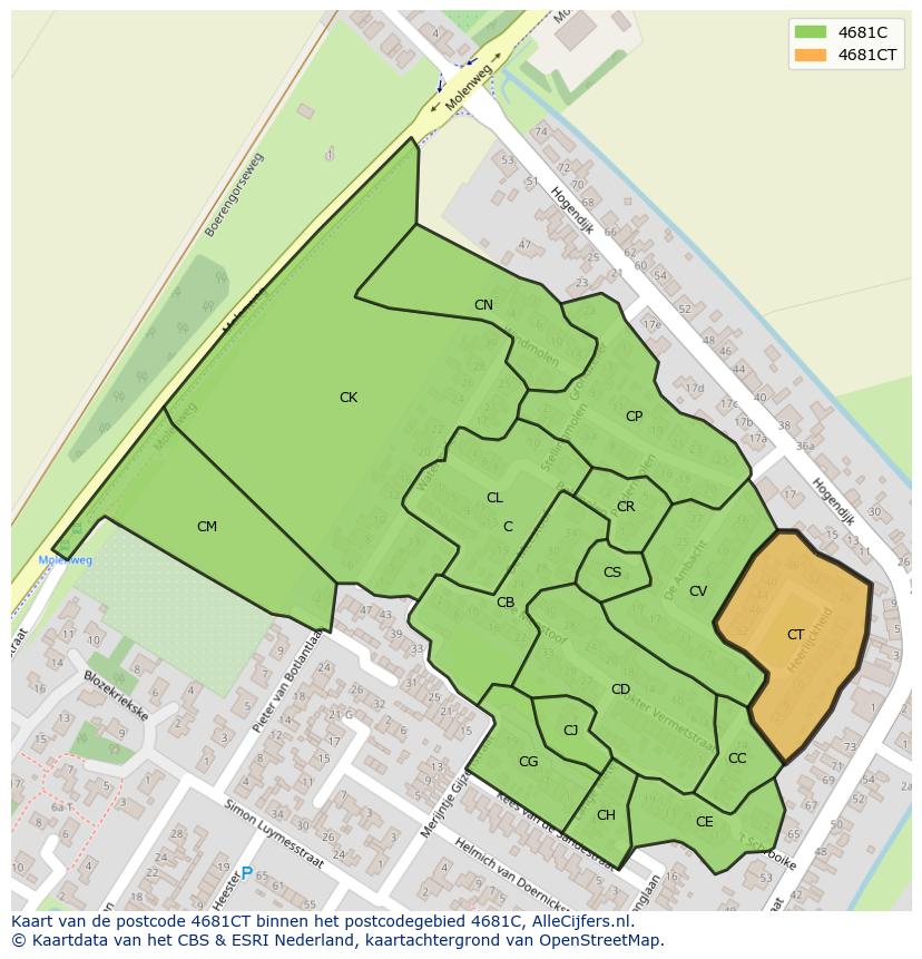 Afbeelding van het postcodegebied 4681 CT op de kaart.