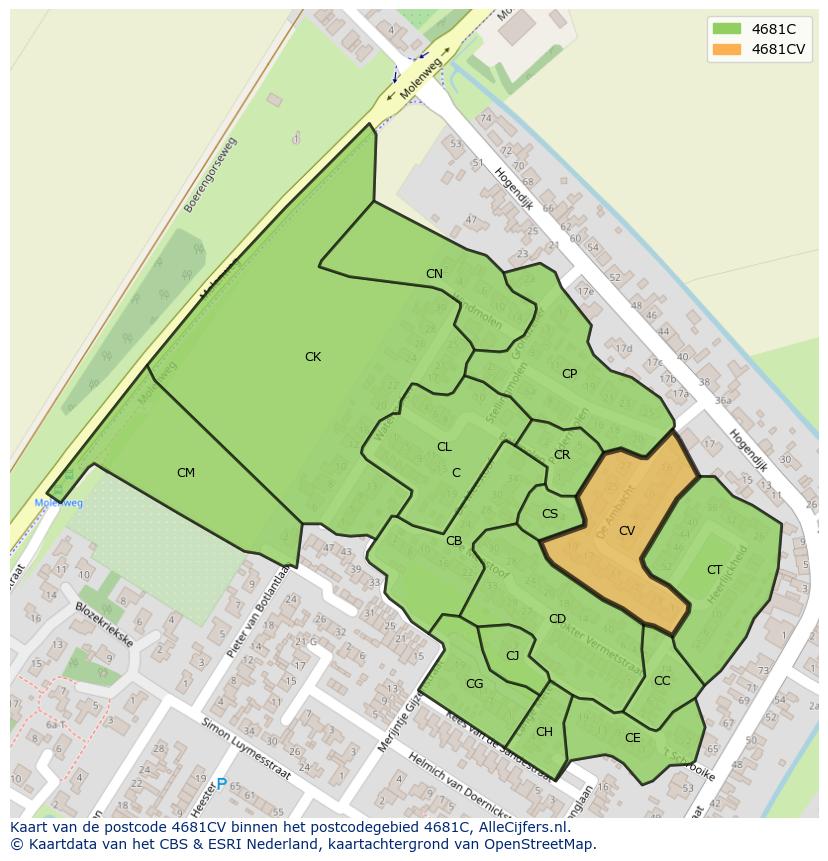 Afbeelding van het postcodegebied 4681 CV op de kaart.