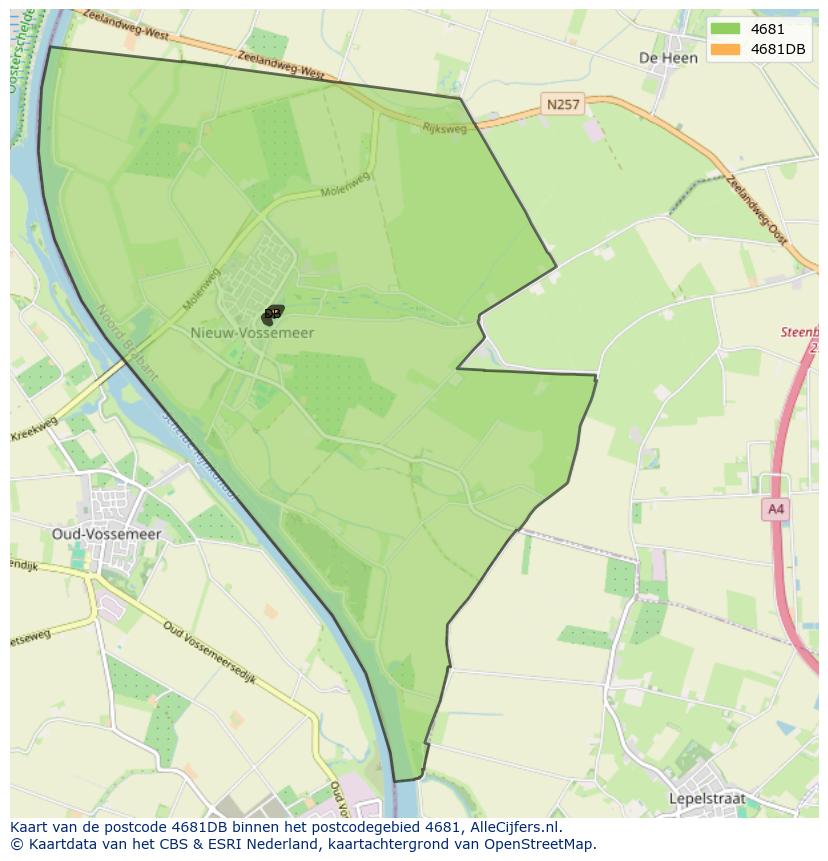 Afbeelding van het postcodegebied 4681 DB op de kaart.