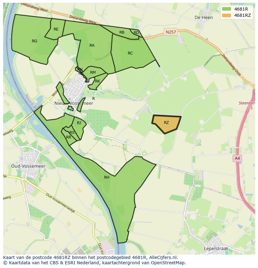 Afbeelding van het postcodegebied 4681 RZ op de kaart.