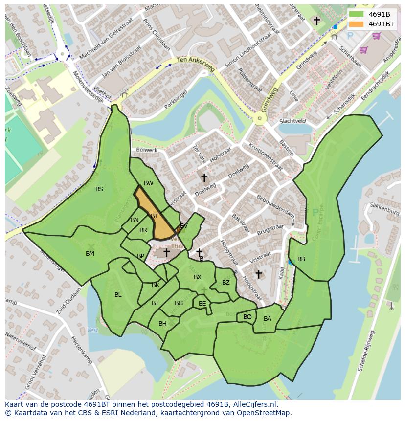 Afbeelding van het postcodegebied 4691 BT op de kaart.