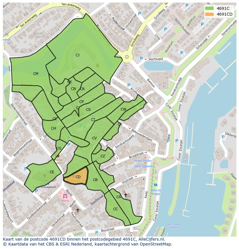 Afbeelding van het postcodegebied 4691 CD op de kaart.