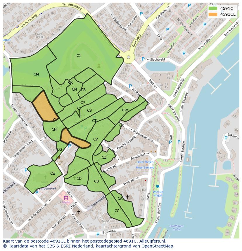Afbeelding van het postcodegebied 4691 CL op de kaart.
