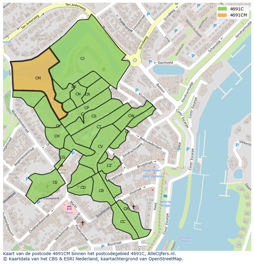 Afbeelding van het postcodegebied 4691 CM op de kaart.