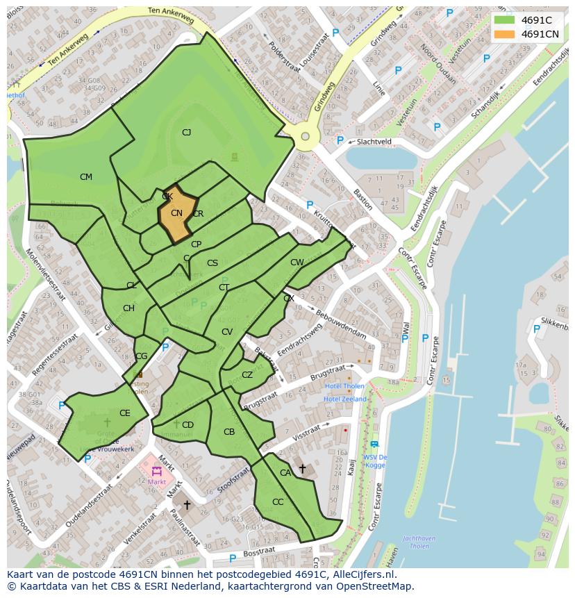 Afbeelding van het postcodegebied 4691 CN op de kaart.