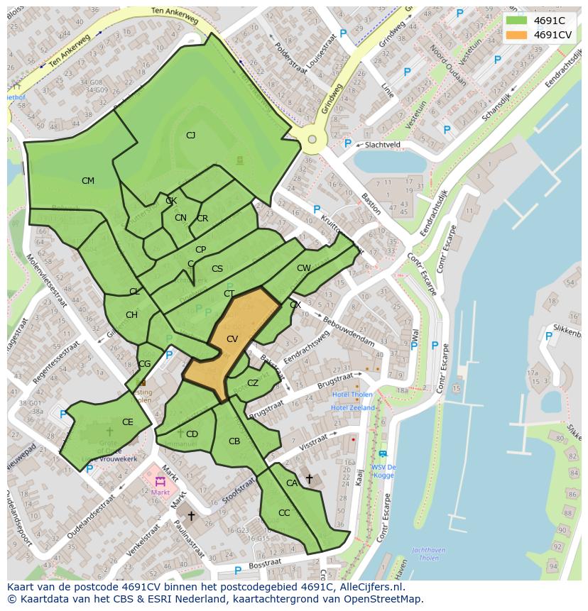 Afbeelding van het postcodegebied 4691 CV op de kaart.