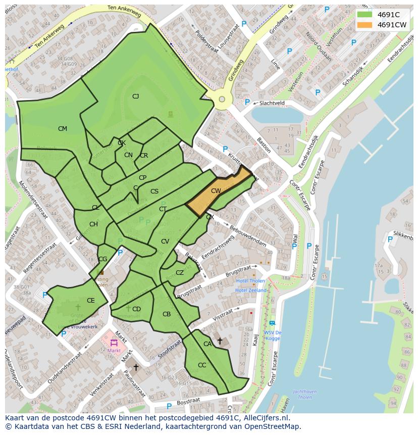 Afbeelding van het postcodegebied 4691 CW op de kaart.