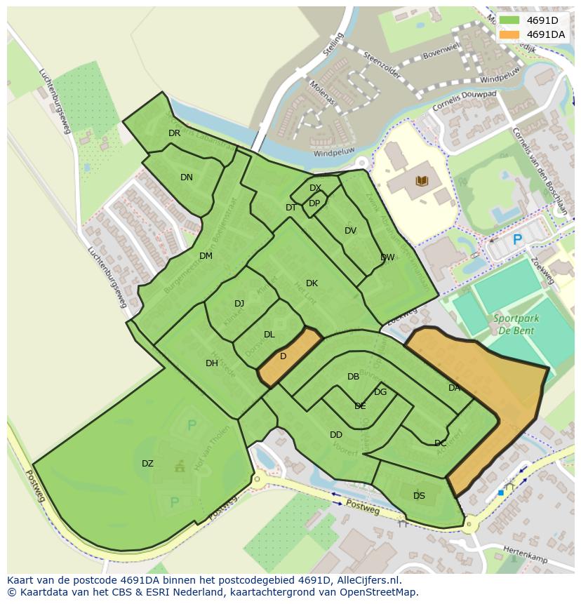 Afbeelding van het postcodegebied 4691 DA op de kaart.
