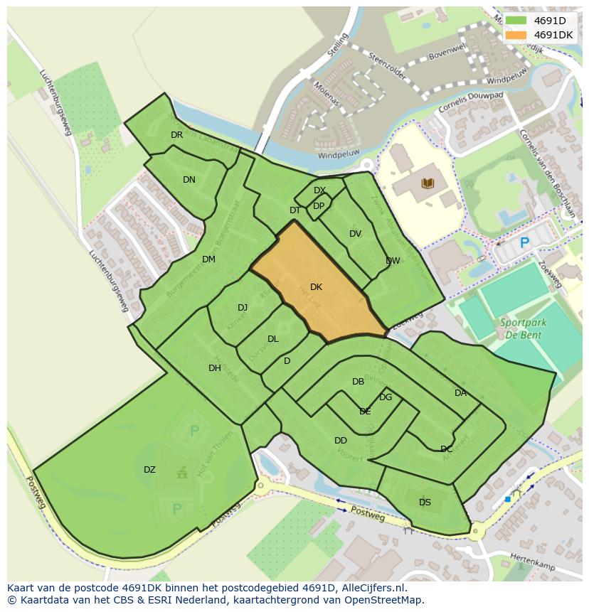 Afbeelding van het postcodegebied 4691 DK op de kaart.