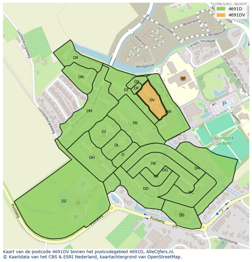 Afbeelding van het postcodegebied 4691 DV op de kaart.