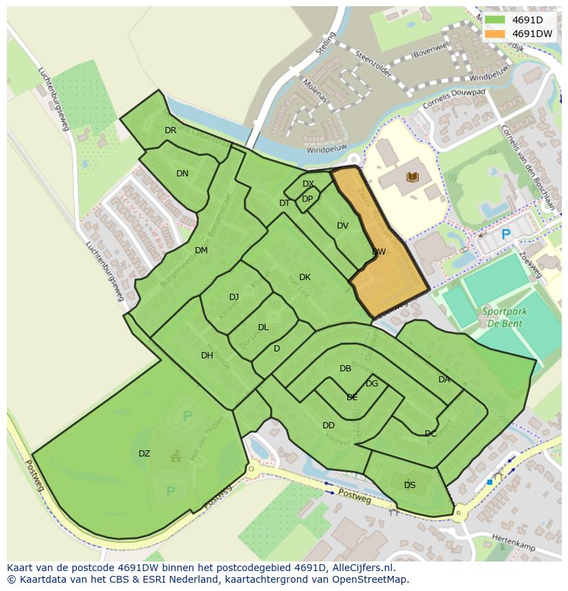 Afbeelding van het postcodegebied 4691 DW op de kaart.