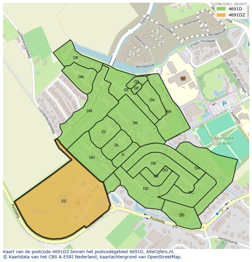 Afbeelding van het postcodegebied 4691 DZ op de kaart.