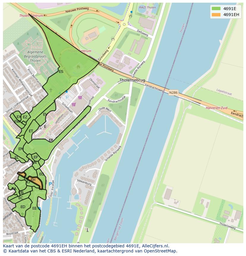 Afbeelding van het postcodegebied 4691 EH op de kaart.