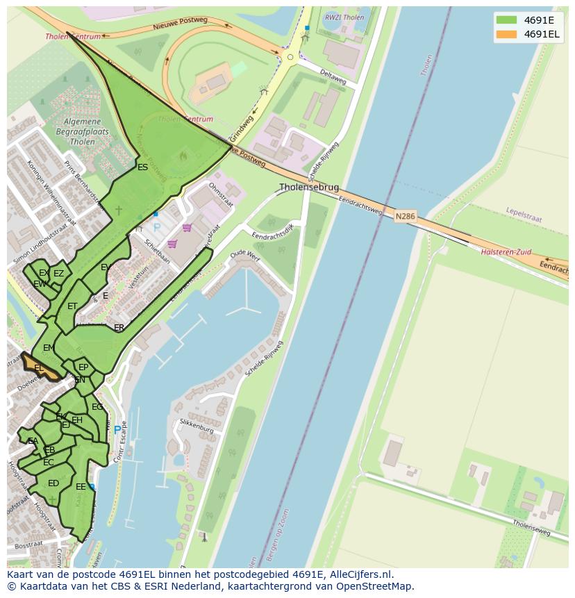 Afbeelding van het postcodegebied 4691 EL op de kaart.