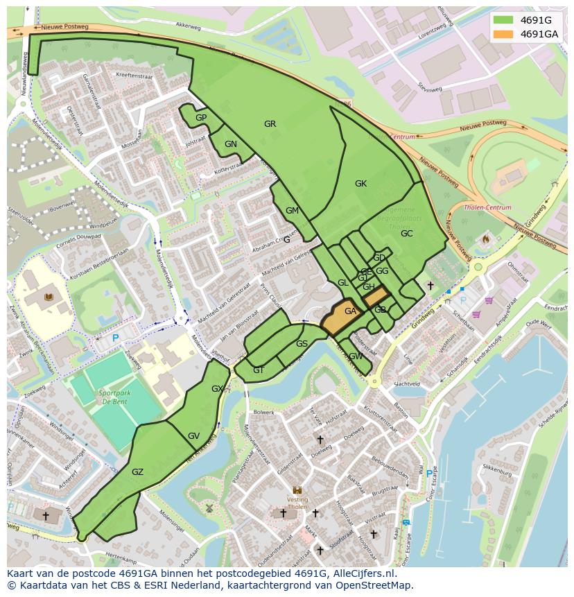 Afbeelding van het postcodegebied 4691 GA op de kaart.
