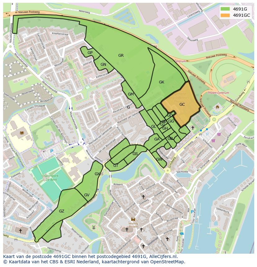Afbeelding van het postcodegebied 4691 GC op de kaart.