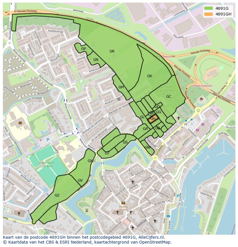 Afbeelding van het postcodegebied 4691 GH op de kaart.
