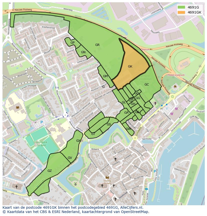 Afbeelding van het postcodegebied 4691 GK op de kaart.
