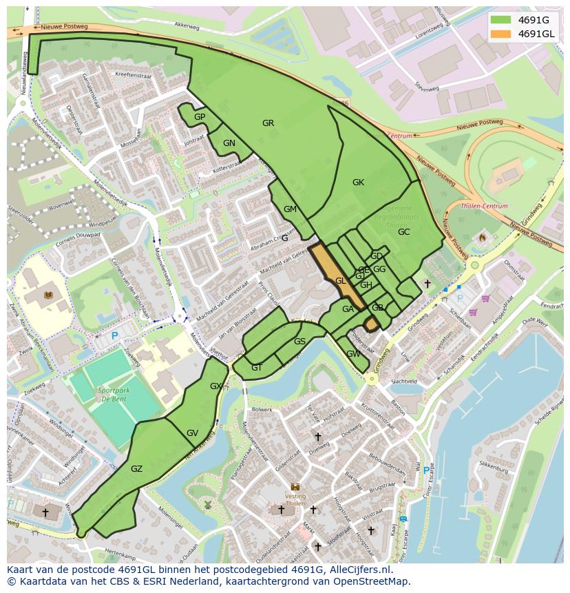 Afbeelding van het postcodegebied 4691 GL op de kaart.