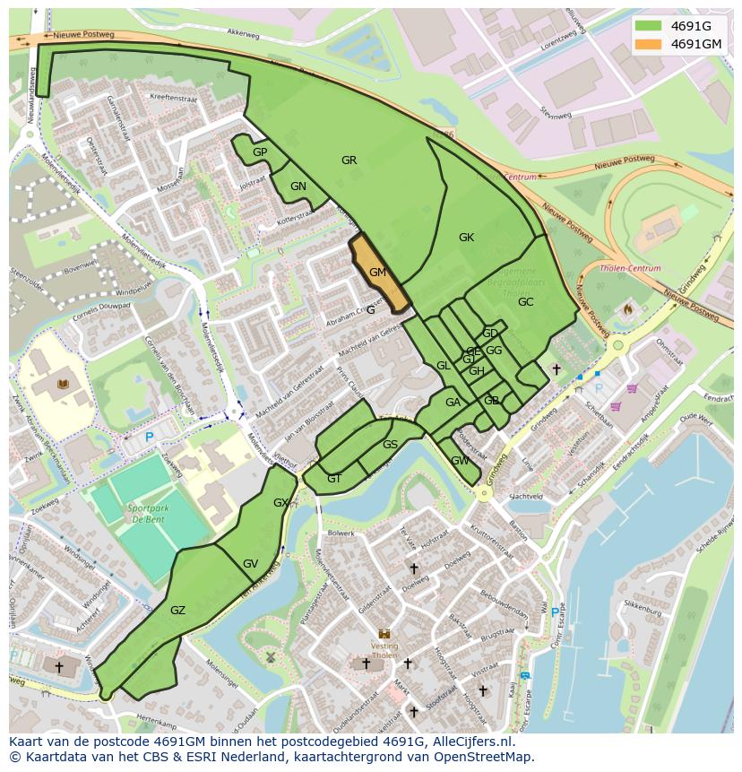 Afbeelding van het postcodegebied 4691 GM op de kaart.