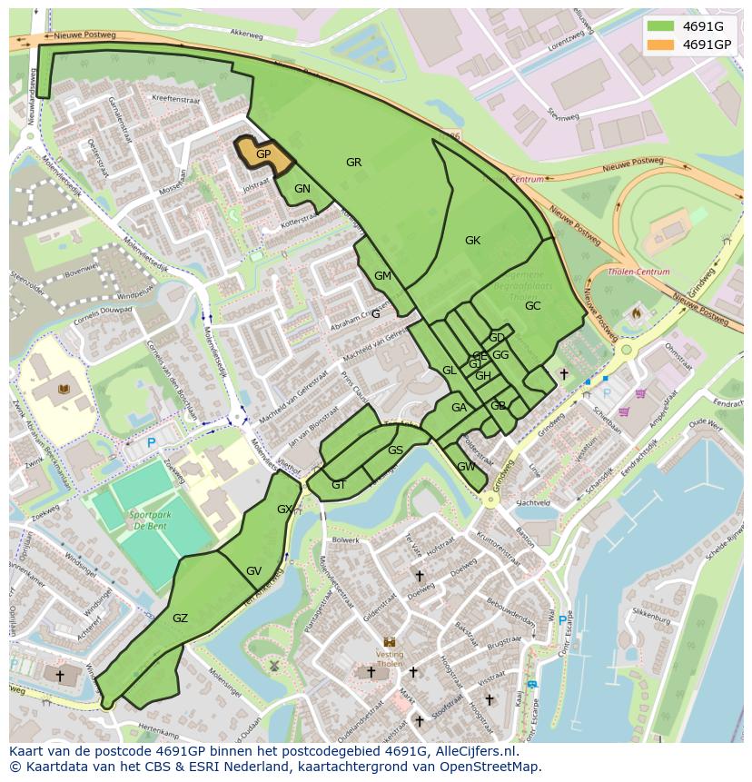 Afbeelding van het postcodegebied 4691 GP op de kaart.