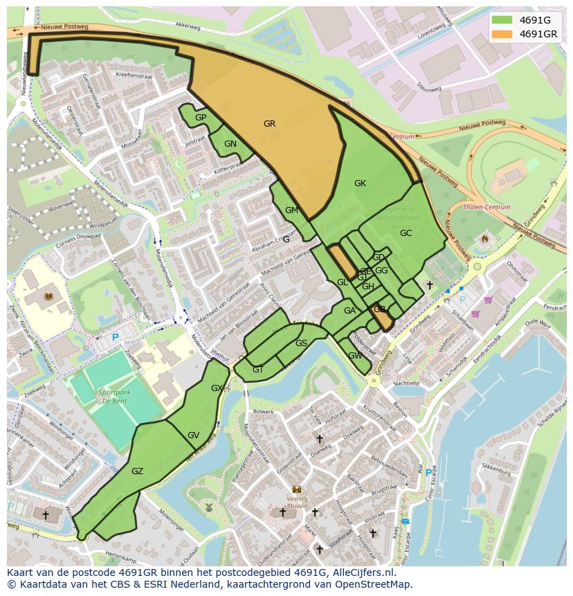 Afbeelding van het postcodegebied 4691 GR op de kaart.
