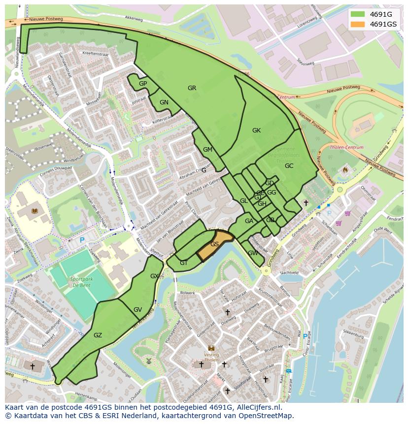 Afbeelding van het postcodegebied 4691 GS op de kaart.