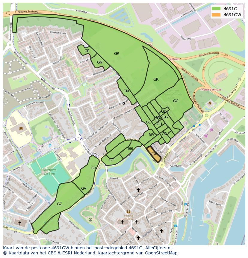 Afbeelding van het postcodegebied 4691 GW op de kaart.