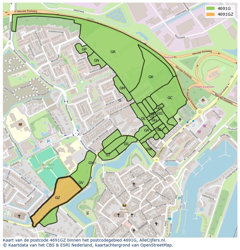 Afbeelding van het postcodegebied 4691 GZ op de kaart.