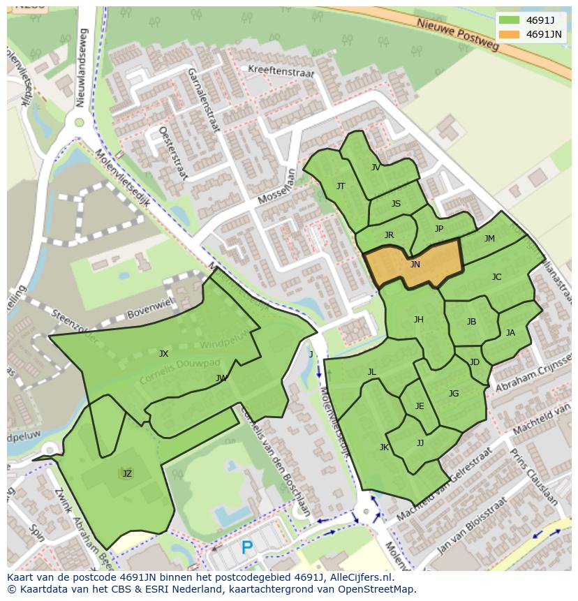 Afbeelding van het postcodegebied 4691 JN op de kaart.